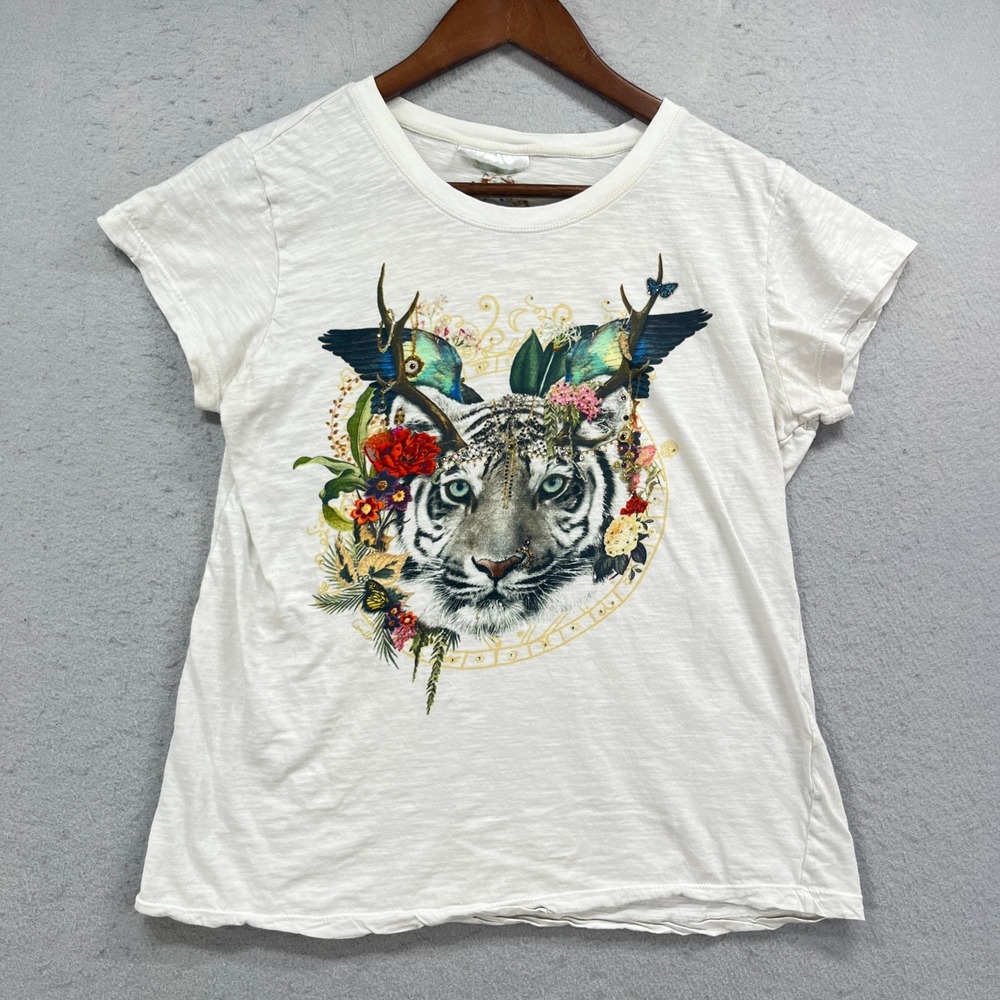 Camilla T-Shirt Womens White Tiger Graphic Rhinestone Embellished Slub Knit Tee
